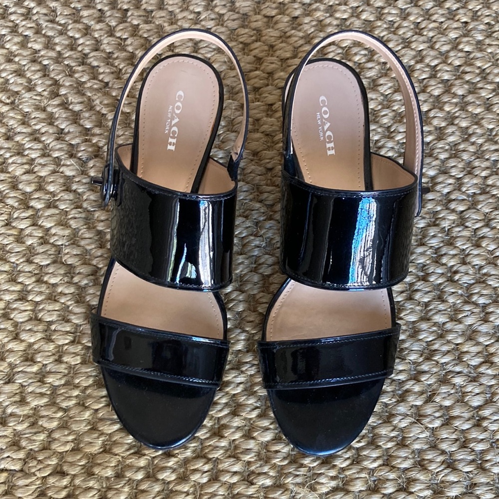 Black patent Coach sandals